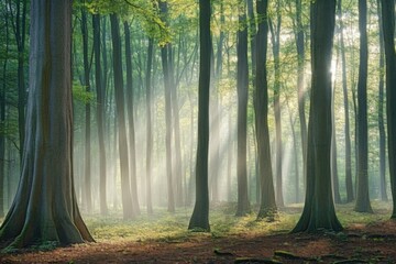 Obraz premium A serene forest with tall trees and sun rays streaming through the canopy, creating a peaceful atmosphere.