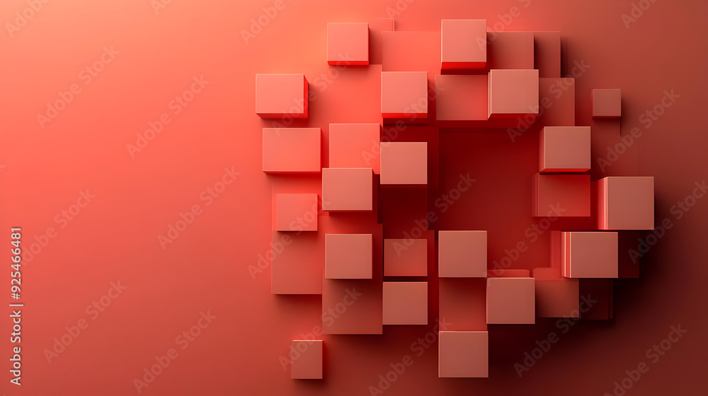 Poster abstract coral-colored cubes on a matching background forming a circle with a negative space.