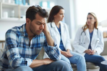 male patient with a headache sitting on a couch during a therapy session at a clinic. The doctor and a woman psychiatrist are seen in the background, discussing treatment options.