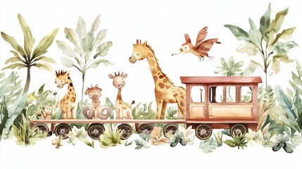 A watercolor hand-drawn illustration of a train with jungle animals, set against a white isolated background