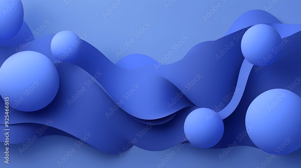 Poster abstract design featuring blue waves and spheres, creating a modern and dynamic visual.