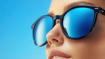 close up portrait of an instagram female model wearing sunglasses,  copy space