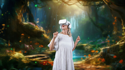 Impressive woman looking through VR wonderland bokeh circle falling metaverse in wildflower stair...