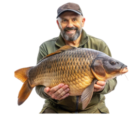 Man holding large carp fish with a proud smile on transparent background