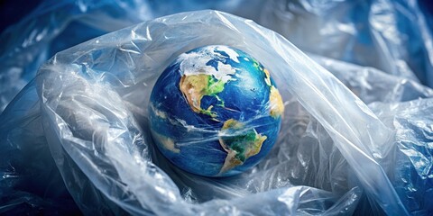 Obraz premium Earth trapped in plastic packaging , pollution, global warming, carbon, plastic, disposable, package, environment