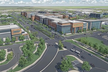 Aerial View of Modern Building Complex and Street Network