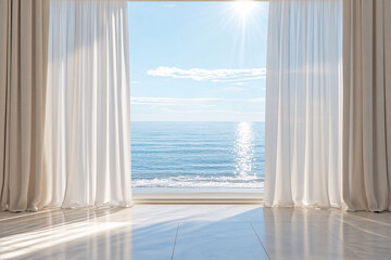 A stunning ocean view framed by white curtains, showcasing the tranquility of the sea and sunlight