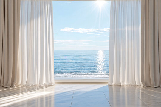 A stunning ocean view framed by white curtains, showcasing the tranquility of the sea and sunlight