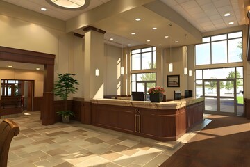 Modern Lobby Interior Design with Reception Desk and Windows