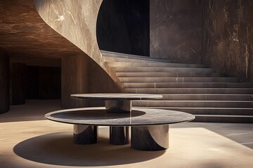 Marble Table and Stairs in Modern Architecture Interior