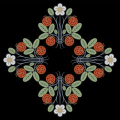 Square rhombus shape floral ornament or frame with branches of strawberry plant. Geometrical botanical design with green leaves, white flowers and ripe red berries on black background. 