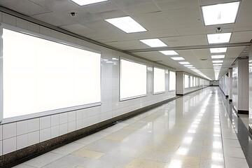 Blank White Billboards in Subway Corridor