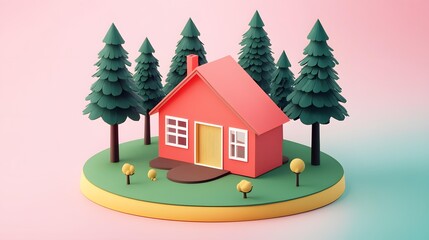 Cute 3D Red House in the Forest