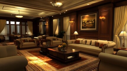 Luxury Living Room Interior Design with Wooden Walls and Large Windows