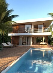 Fototapeta premium Modern Tropical House with Swimming Pool and Palm Trees