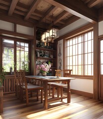 Japanese Style Dining Room Interior Design with Wooden Table and Chairs