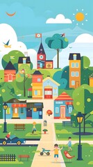 Obraz premium Colorful Illustration of a Happy Town with Kids Playing