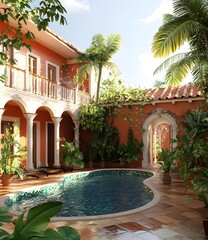 Fototapeta premium Tropical Courtyard Pool with Lush Greenery