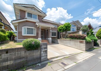 Fototapeta premium Brick House with Green Lawn and Driveway in Japan