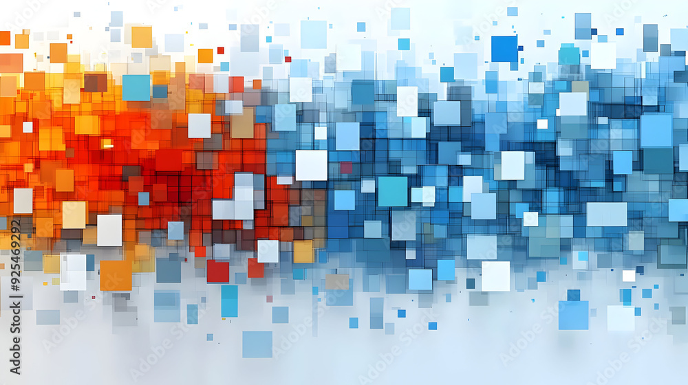 Poster abstract digital artwork featuring vibrant orange and blue squares creating a dynamic visual effect.