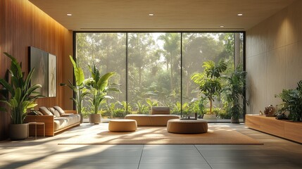 Luxurious modern living room with jungle view - generative ai
