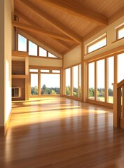 Obraz premium Modern Wooden Interior Design with Large Windows