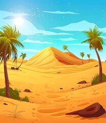 Desert Landscape with Palm Trees and Sand Dunes