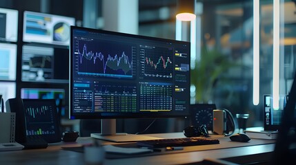 A desktop workspace featuring a sophisticated financial software interface with real-time analytics and charts. The scene includes a sleek computer setup and an organized work area.