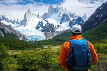 A hiker with a blue backpack gazes at snow-capped mountains in a scenic, natural landscape.