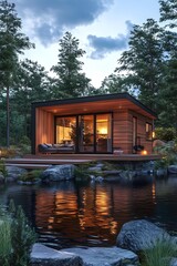 Fototapeta premium Modern Cabin Near Lake in Forest