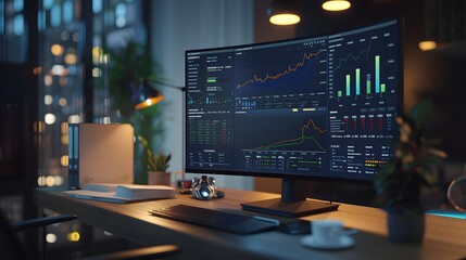A desktop workspace featuring a sophisticated financial software interface with real-time analytics and charts. The scene includes a sleek computer setup and an organized work area.