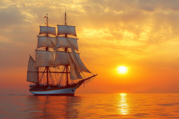 Fototapeta premium Sailing Ship at Sunset on the Ocean