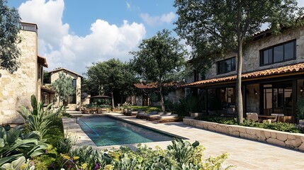 Fototapeta premium Stone Building With Pool In Backyard
