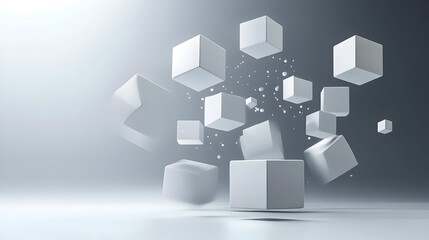 Abstract floating white cubes in a light gray background.
