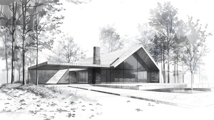 Pencil Sketch of a Modern House in the Woods