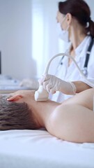 Doctor woman with white medical gloves performing neck ultrasound exam on male patient. Thyroid gland examination. Medicine concept