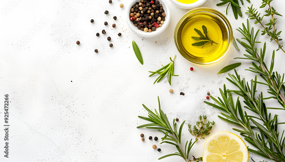 Wall mural Bunch of green fresh rosemary with pepper, salt, lemon and oil on the light white background. Herbs and spices for recipes. Top view with copy space