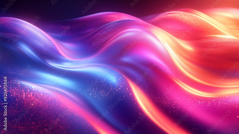Poster colorful abstract waves of light undulate in a digital space, creating a vibrant display of hues and