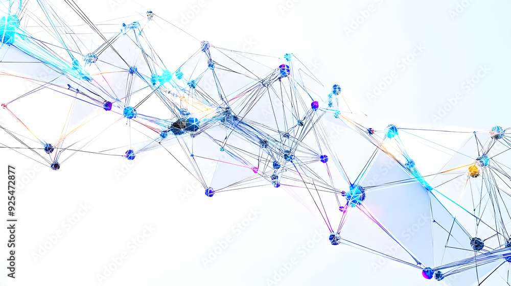 Poster abstract geometric network with vibrant nodes and lines.