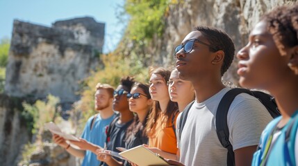 Excited students on a field trip eagerly listened to their guide at a historical site.