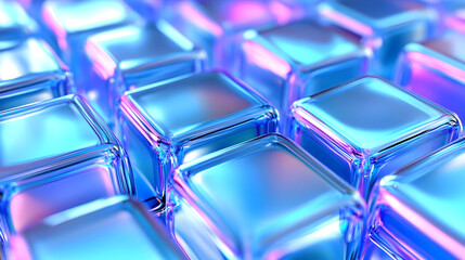 Abstract geometric pattern of glowing blue and purple glass cubes.