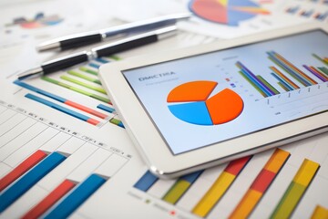 A clean, minimalistic workspace with a tablet displaying a pie chart and bar graph. The desk is clutter-free, emphasizing an organized approach to analyzing business data.