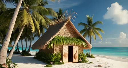 A serene island hut crafted from intricately woven bamboo and a latticework of vibrant green leaves, situated on a sun-kissed beach with fine, powdery sand.