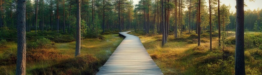 Fototapeta premium A tranquil wooden pathway meandering through a lush forest with sunlight streaming through the trees.