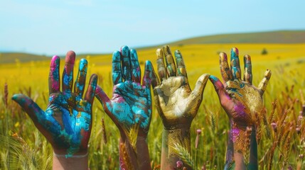 Obraz premium Hands in metallic paint on bright field show unity and progress in futuristic world