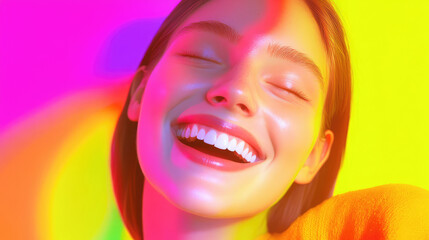 A woman with a broad smile and closed eyes laughs gleefully surrounded by vibrant colorful lights, capturing a feel of sheer joy and vibrance.