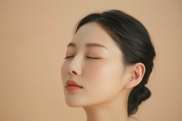 Fototapeta premium A serene and beautiful Asian woman with closed eyes, focusing on her face in a state of relaxation or meditation. Her skin glows, suggesting a theme of skincare or wellness.