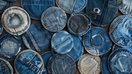 Fototapeta premium A collection of circular patches made from various denim fabrics arranged on a dark surface. The patches display different shades of blue and stitching patterns, creating a visually appealing texture