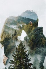 double exposure of man and woman couple hugging portrait and mountain forest landscape, love and family concept