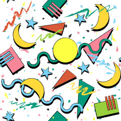 Colorful Retro Vintage 80s Memphis Desig Confetti Seamless Pattern Background with Circles, Waves, Confetti, Moons, Triangles, Squiggles and Shapes in 1980s colors of yellow, orange, teal, pink, green